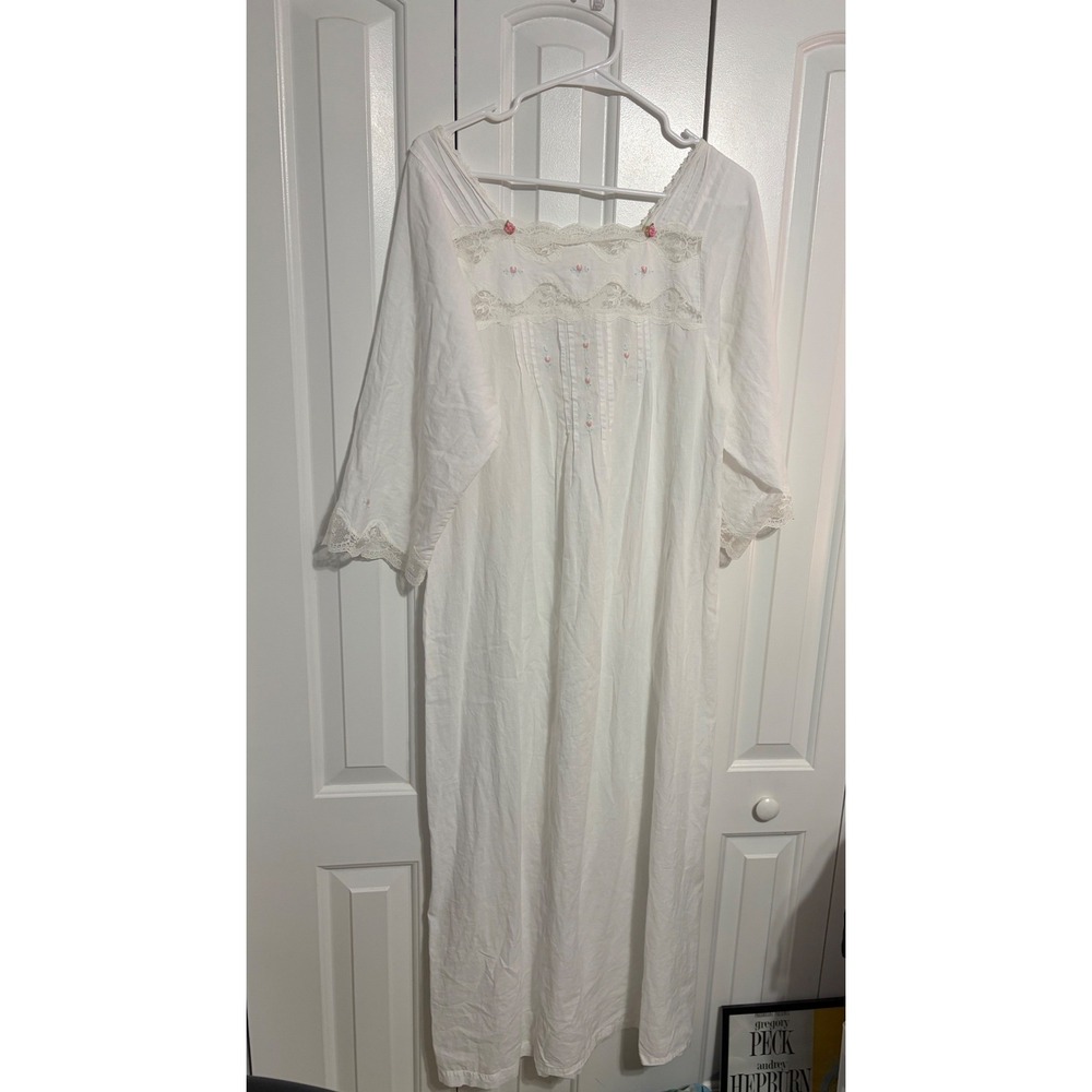 Vintage Nightgown Cottagecore Lace Floral Embroidered White Long Sleepwear L - Picture 6 of 10